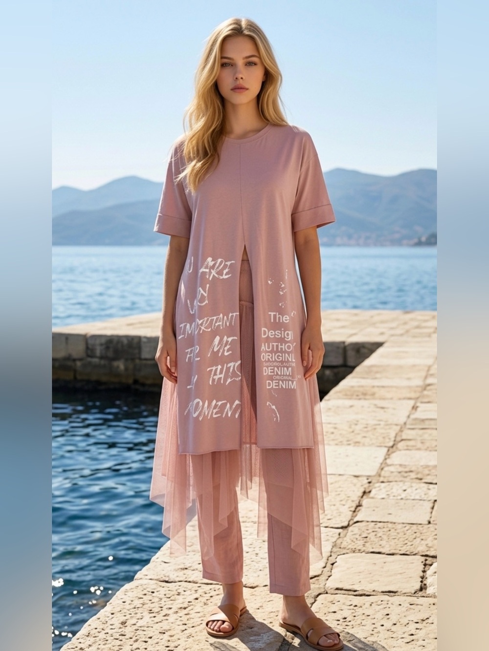 Relaxed Pink Midi Dress with Layered Tulle and Graphic Print